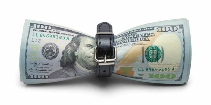 Cash,Money,Being,Tightened,With,Belt,Isolated,On,White,Background.