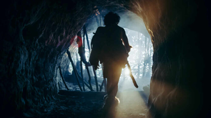 Primeval,Caveman,Wearing,Animal,Skin,And,Fur,Holds,Stone,Tipped