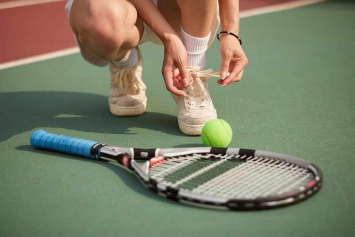 Tennis,Player,Woman,,Shoelace,And,Ready,For,Game,,Training,Or