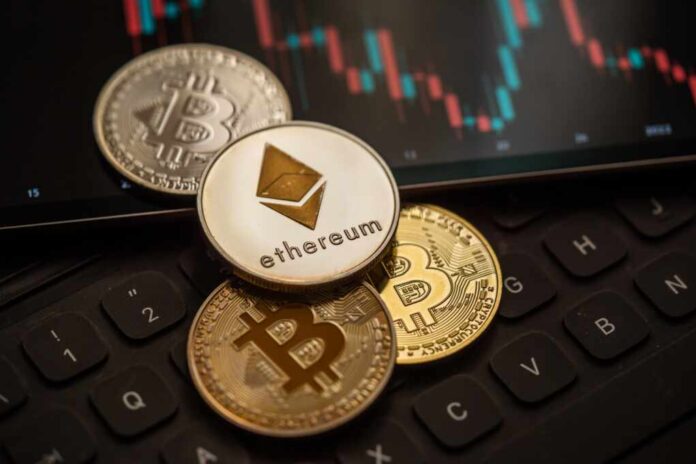 Gold,Bitcoin,And,Ethereum,Cryptocurrency,Coins,With,Candle,Stick,Graph