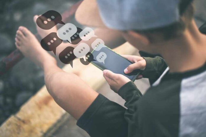 Boy,Using,Smartphone,Typing,,Chatting,Conversation,Concept.,Chat,Box,Icons.