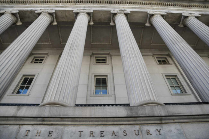 Columns,On,The,U.s.,Treasury,Building,In,Washington,,D.c.,,May