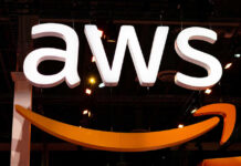 AWS logo displayed prominently at a technology event