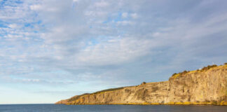A man standing on a rocky beach near the water with cliffs in the background