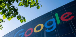 Google logo displayed on a glass building with green leaves in the foreground