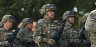 Group of soldiers in camouflage uniforms marching in formation during a military parade
