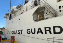 Side view of a U.S. Coast Guard ship docked at a port