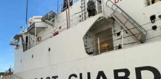 Side view of a U.S. Coast Guard ship docked at a port