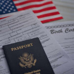 A passport and birth certificate on a table with an American flag in the background