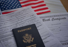 A passport and birth certificate on a table with an American flag in the background