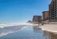 A beach with people walking along the shore and buildings in the background under a clear blue sky