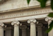 Close-up of the columns and inscription of the Treasury Department building