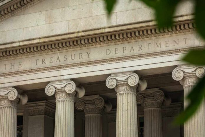 Close-up of the columns and inscription of the Treasury Department building