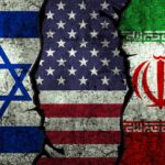 Flags of Israel, the United States, and Iran depicted on a cracked surface