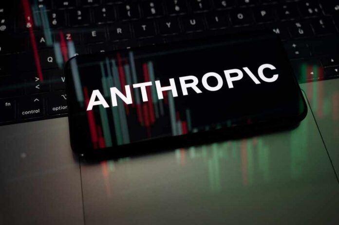 Mobile phone displaying the word 'ANTHROPIC' over a background of financial graphs