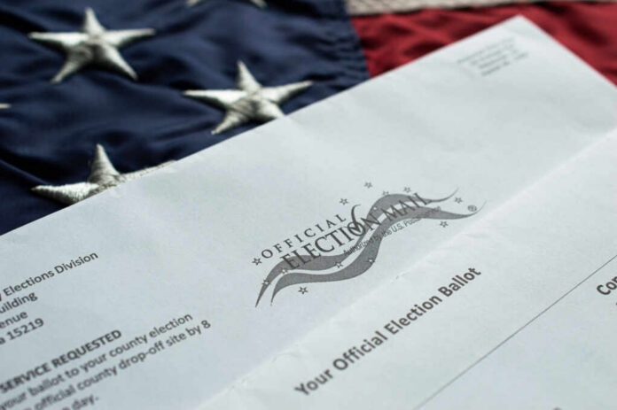 An official election ballot placed on an American flag background