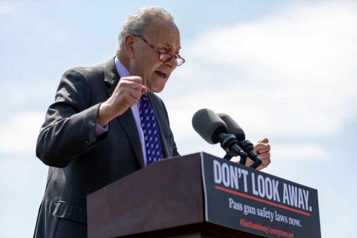 A politician passionately speaking at a podium with a sign advocating for gun safety laws