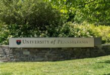 Sign for the University of Pennsylvania surrounded by greenery