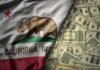 California state flag featuring a bear overlaid on a background of U.S. dollar bills