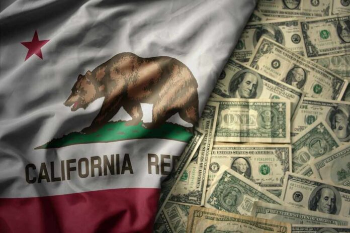 California state flag featuring a bear overlaid on a background of U.S. dollar bills