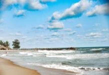 Scenic beach view with waves and clouds