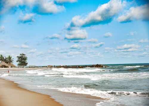 Scenic beach view with waves and clouds