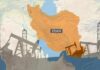 Map of Iran highlighting oil production areas with oil rigs in the foreground
