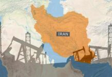 Map of Iran highlighting oil production areas with oil rigs in the foreground
