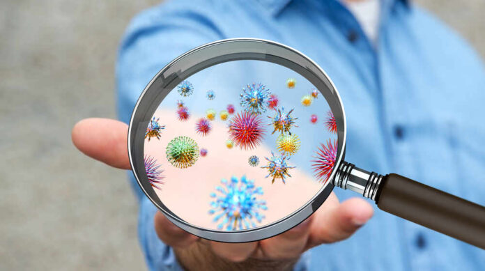shutterstock_538420981.jpg A person holding a magnifying glass showing colorful microorganisms