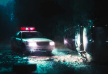 A police car with flashing lights at the scene of a flipped vehicle accident