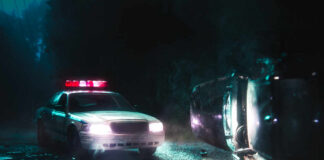 A police car with flashing lights at the scene of a flipped vehicle accident