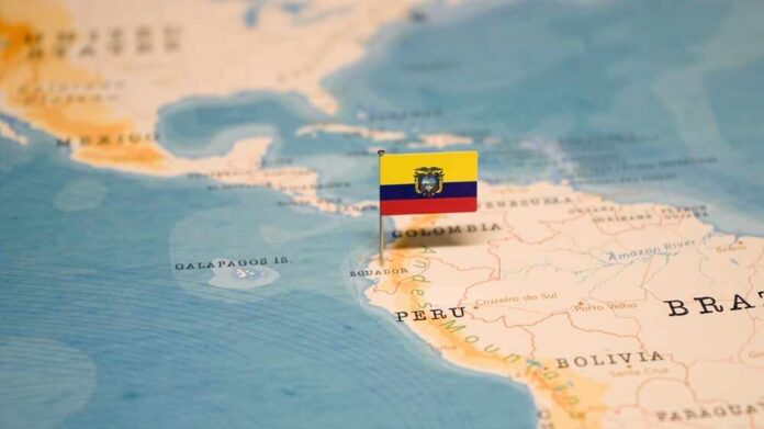 Map of South America with a flag pin marking Ecuador