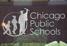 Logo of Chicago Public Schools featuring silhouettes of students and a graduate