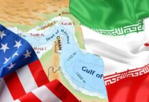 Flags of the USA and Iran overlaying a map of the Gulf region