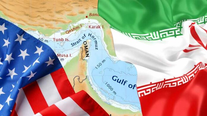 Flags of the USA and Iran overlaying a map of the Gulf region