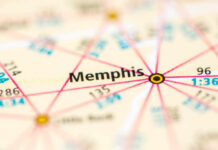 Close-up of a map highlighting the city of Memphis
