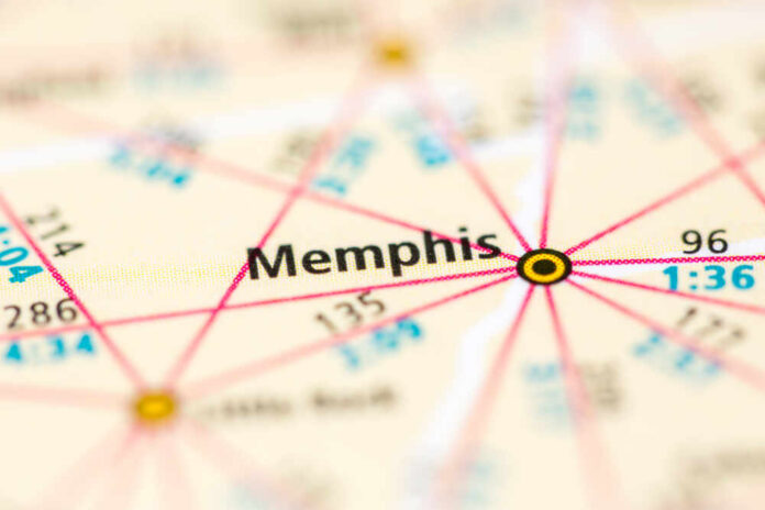 Close-up of a map highlighting the city of Memphis