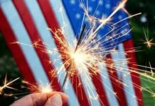 Sparkler held in front of an American flag