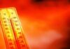 Europe’s Heat Crisis Explodes A thermometer held against a sunset city skyline