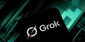 Smartphone screen showing the Grok logo on a dark tech-themed background