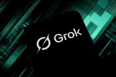 2696131879 Smartphone screen showing the Grok logo on a dark tech-themed background