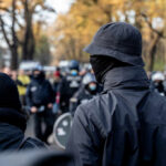 New York Mask Law Challenged A crowd of masked individuals facing law enforcement in an autumn setting