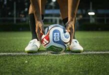Soccer player placing a ball on a field