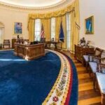 Oval Office Photo Ignites LA Firestorm Oval office with wooden desk, blue rug, and gold curtains