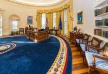 Oval Office Photo Ignites LA Firestorm Oval office with wooden desk, blue rug, and gold curtains
