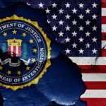 Election Investigation Rocks The FBI FBI emblem partially obscured by a cracked wall with an American flag background