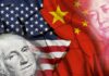 China Fires Back At Trump Allegations United States and China flags overlaid with currency portraits
