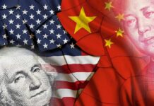 China Fires Back At Trump Allegations United States and China flags overlaid with currency portraits