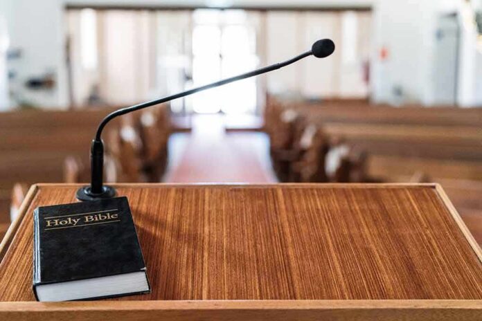 Podium with microphone and Bible in a church