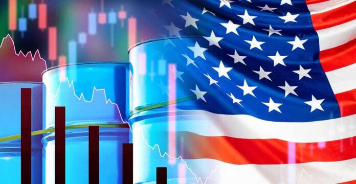 shutterstock_1667905318 Oil barrels with U.S. flag and financial charts